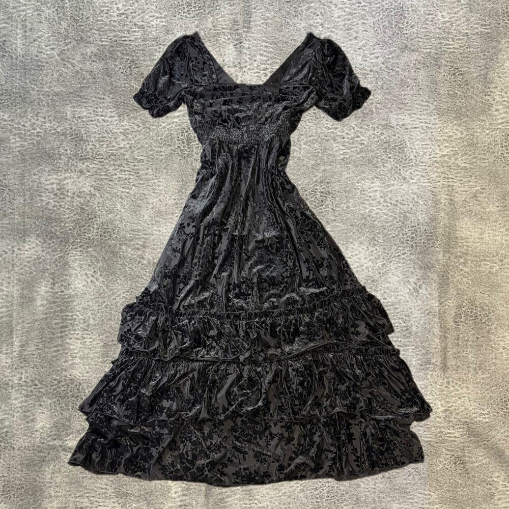 Black Velvet Burnout Ruffle Layered Maxi Dress